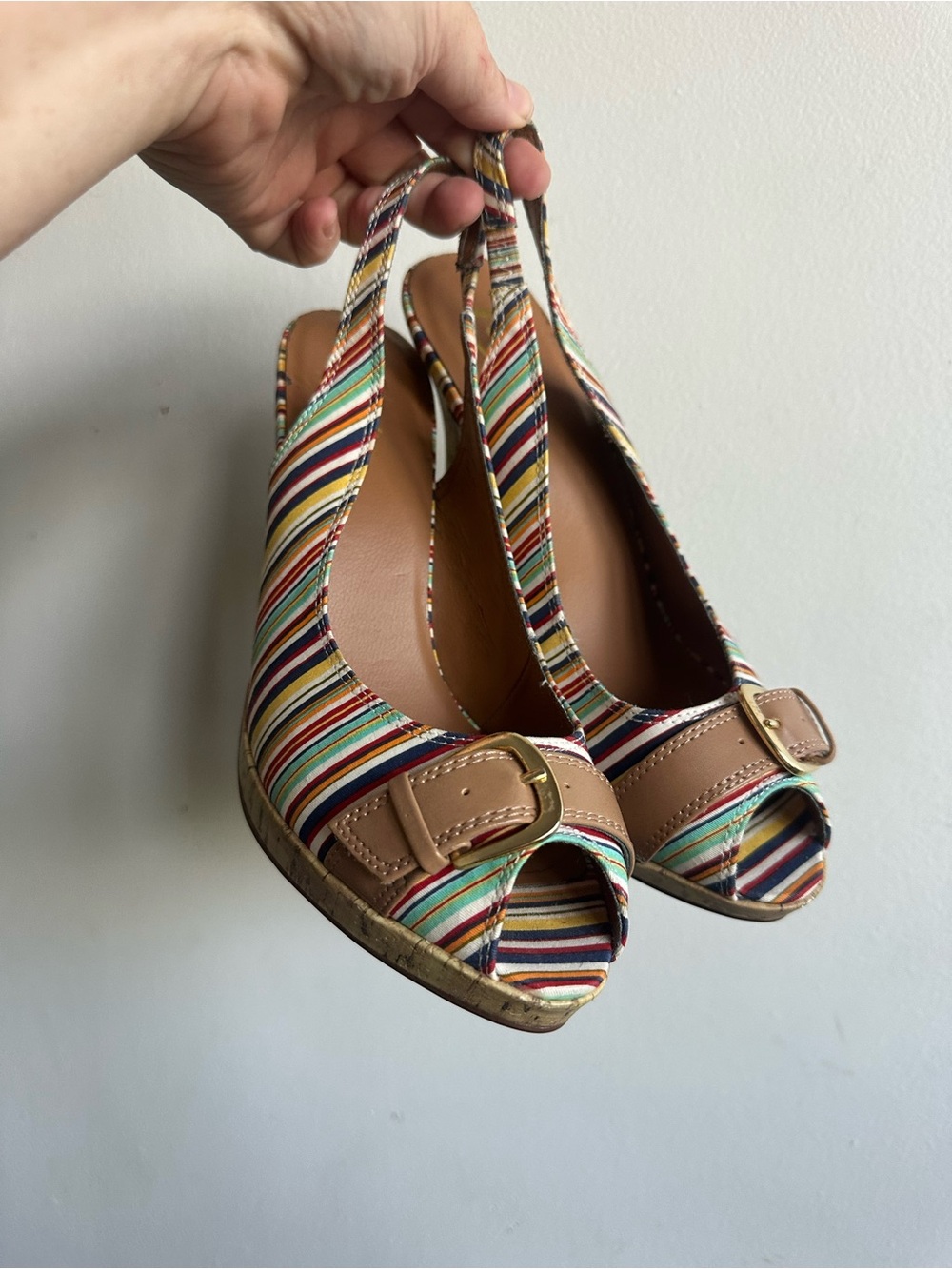Candie’s Kennady Stripe Platform Slingback Heels Multicolor Peep Toe Sz 9 M Y2K